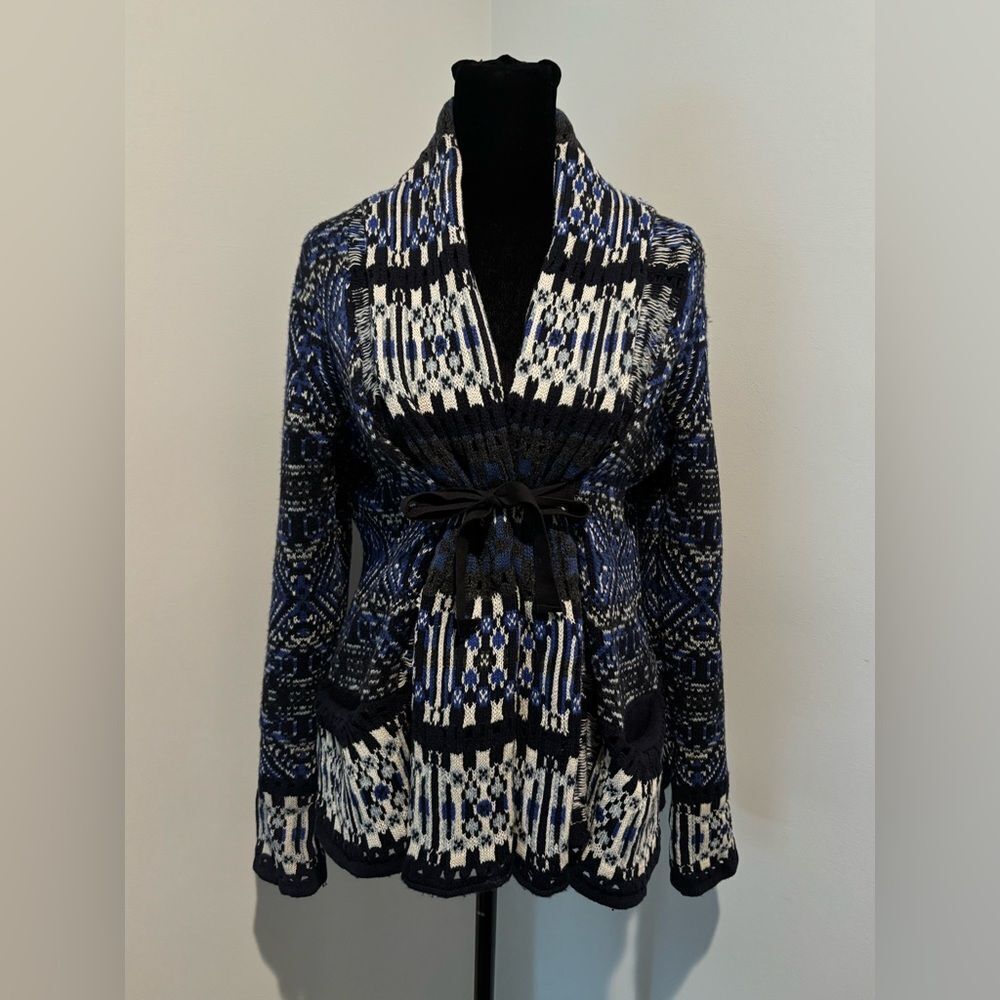 ODD MOLLY Boho Scandi Blue Black Wool Shawl Collar Embroidered Knit Cardigan M - Picture 3 of 12